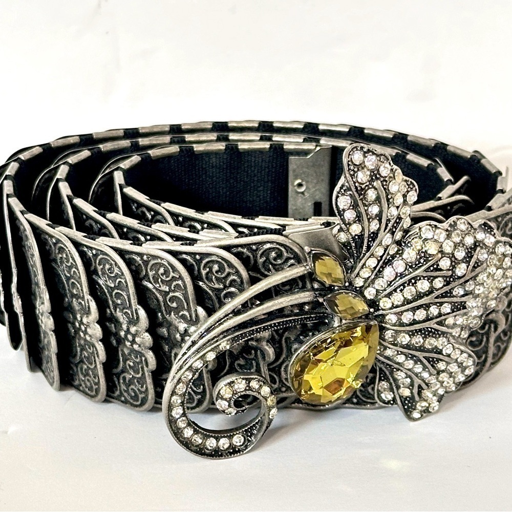 VTG Rocker Biker Metal Accented Belt Stretch Hook Enamel Rhinestone Buckle 3409